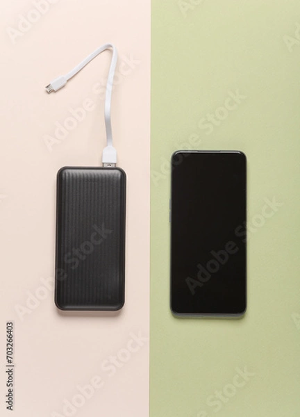 Fototapeta Black power bank and smartphone on green beige background