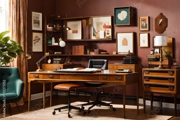 Fototapeta Quiet Contemplation: Study Room Interior - Thoughtful Design, Comfortable Seating, and Functional Workspace | Tranquil Ambiance for Focus and Productivity | Aesthetic and Purposeful Study Haven