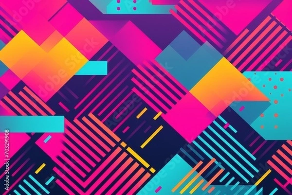 Fototapeta Immerse yourself in the retro charm of the 80s with a patterned background featuring bold stripes, pixel art elements, and vibrant gradients, Generative AI