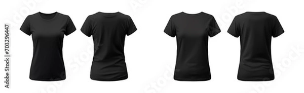 Fototapeta realistic set of female black t-shirts mockup front and back view isolated on a transparent background, cut out