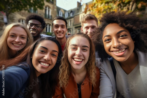 Fototapeta A group of college students taking a selfie together on campus