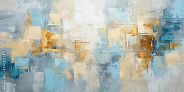 Fototapeta Oil painting with abstract geometric shapes in blue, gray and gold in boho style using palette knife, art painting texture background