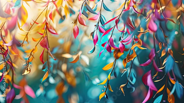 Fototapeta Elegant colorful with vibrant leaves hanging branches illustration background. Bright color 3d abstraction wallpaper for interior mural, Generated by AI