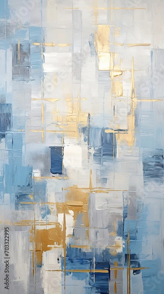 Fototapeta Oil painting with abstract geometric shapes in blue, gray and gold in boho style using palette knife, art painting texture background