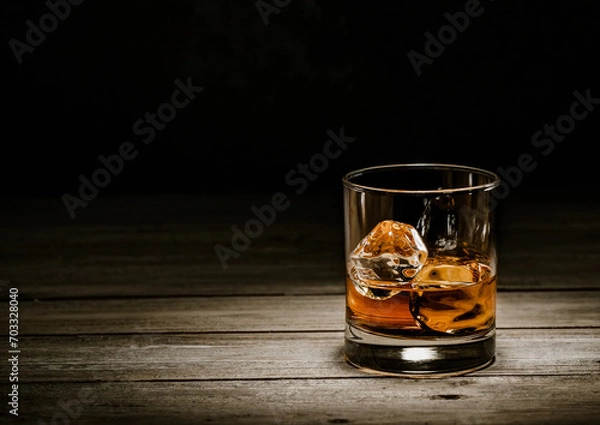 Fototapeta Classic whiskey glass with ice cubes on wooden background.