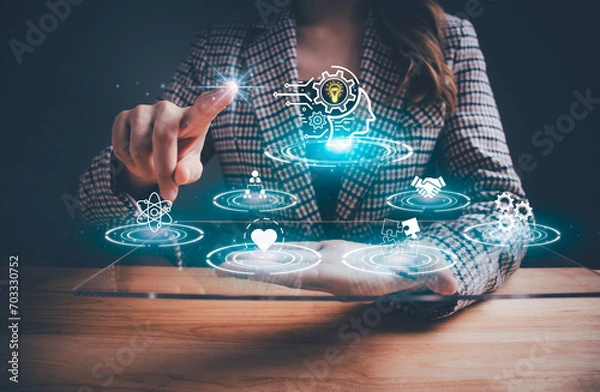Obraz Power soft skills, multi skills responsibility HR human resources concept. personal attribute development, digital Personality, problem solving, adaptability, leadership, creativity, collaboration
