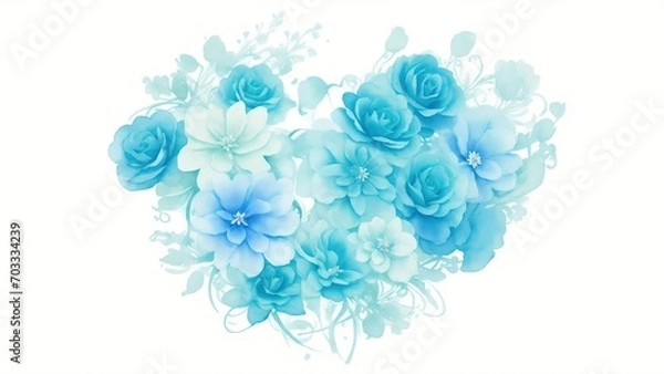 Fototapeta Cyan Watercolor Flowers in Shape of Heart on White Background