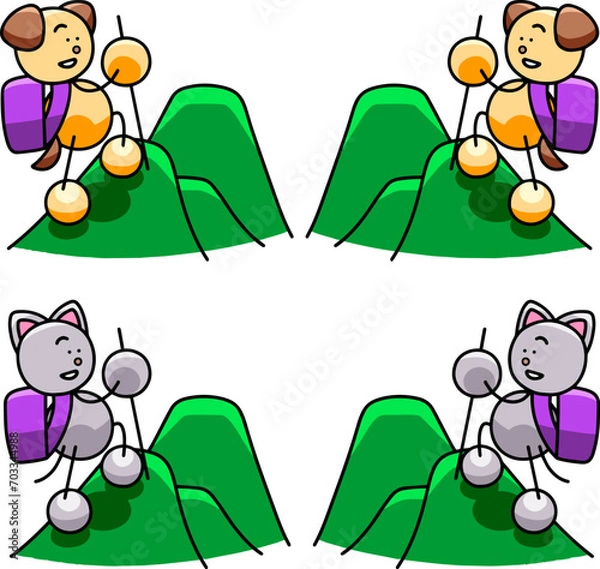 Obraz 山登りをするわんまるとにゃんまるのイラストセット　犬　猫