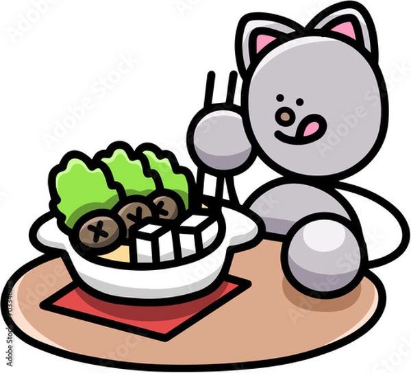 Obraz 鍋料理を食べるにゃんまるのイラスト　猫