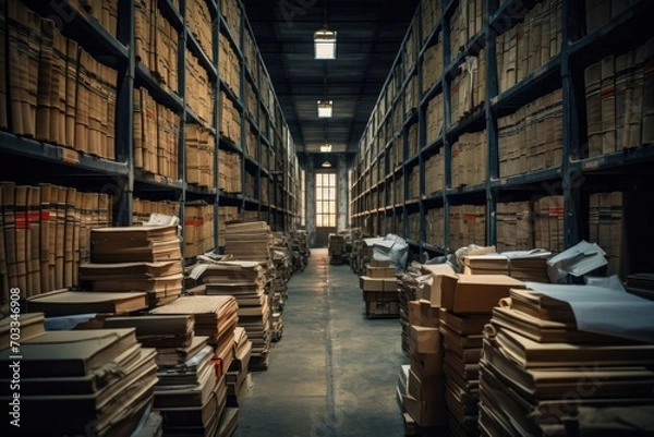 Fototapeta Old Warehouse. There are a lot of boxes and various documents on the floor and on the shelves