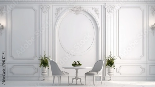 Fototapeta White classic interior with round table, chair and moldings. 3d render illustration mock up
