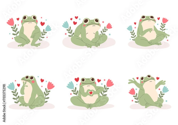 Fototapeta Collection of funny frog characters for Valentine's day. Funny thoughtful frog. Green toad in love. 