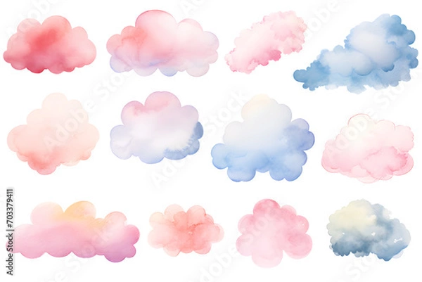 Fototapeta Colorful clouds isolated on white background watercolor  collection