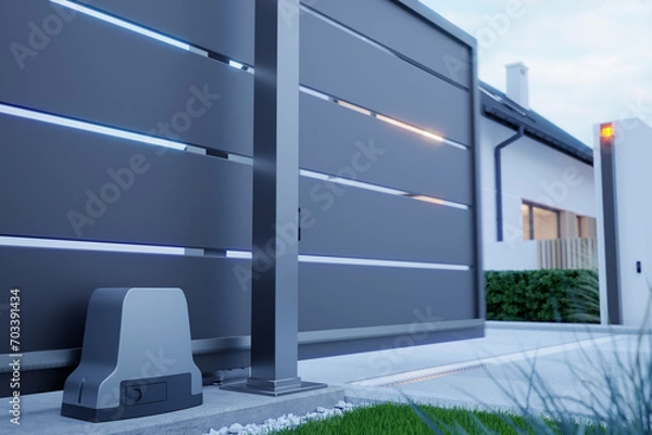 Fototapeta Automatic Sliding Gate and house, 3D illustration