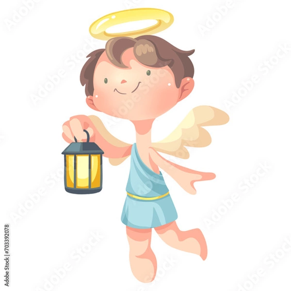 Fototapeta Angel holds a lantern and smiles. Vector Illustration