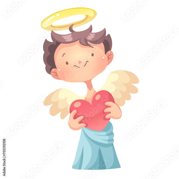 Fototapeta Cupid is holding a red heart and smiling. Vector illustration