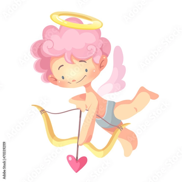 Fototapeta Curly cupid with bow and arrow. Vector Illustration
