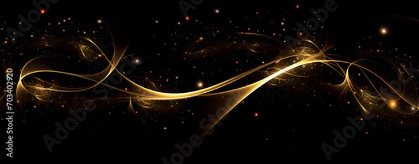 Fototapeta Black and golden abstract technology background with glowing lines, elegant shapes and swirls on black backdrop for business card, banner. 