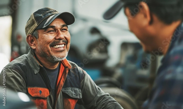 Fototapeta Happy mechanic enjoying a light moment with a colleague in a workshop. Ideal for themes of teamwork, job satisfaction, and skilled trades.