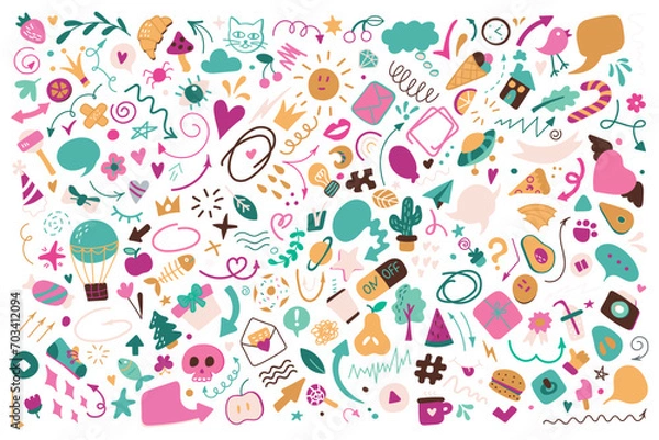 Fototapeta Vector line art Doodle cartoon set of objects and symbols. Doodle. Use for concept design. All objects are separated. Vector illustration
