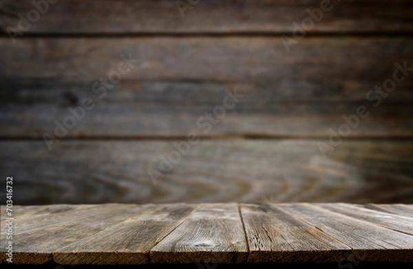 Fototapeta Empty rustic wooden table background. Old wood table with dark blurred background. Mock up.