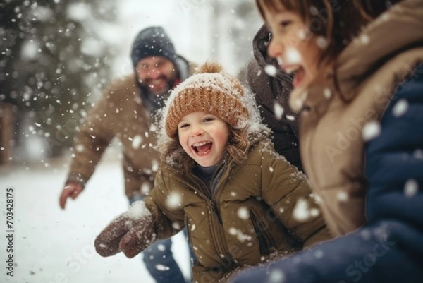 Fototapeta family playing in the snow