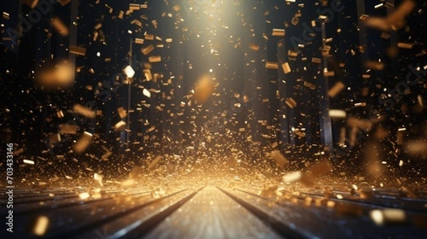 Fototapeta a golden confetti rain on a festive stage with a radiant light beam, an empty room at night mockup designed for the grandeur of an award ceremony, jubilee, New Year's party