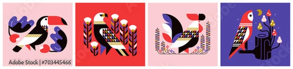 Fototapeta Decorative toucan, owl, eagle and rooster with ornamental flower, leaf and other elements of flora. Art deco vector illustrations set of geometric birds for elegant poster or stylish graphic print