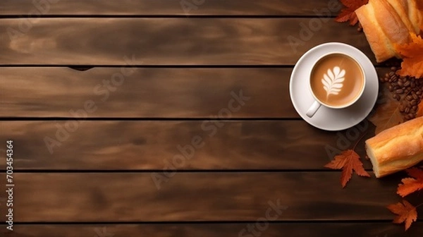 Obraz A cup of coffee with bread on wood background with  with copy space.