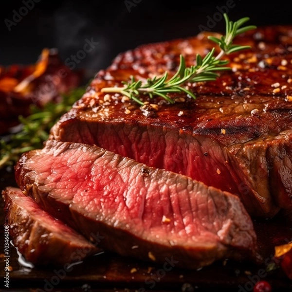 Obraz close up medium rare steak top with rosemary 