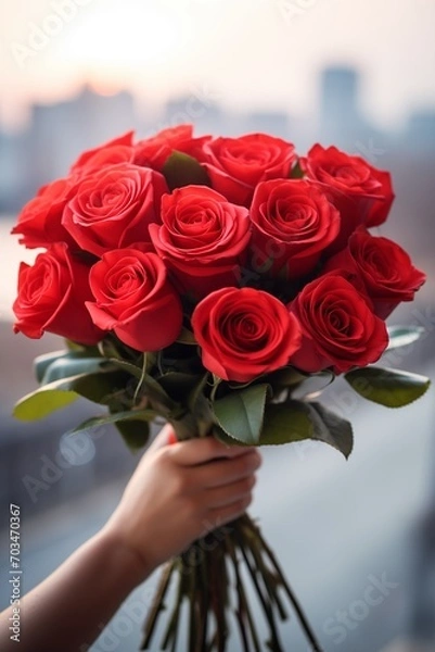 Obraz A bouquet of red roses hold in hand