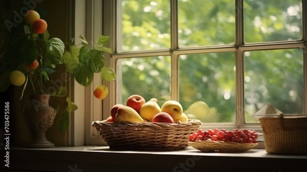 Obraz A fruit basket set on the table near window in morning