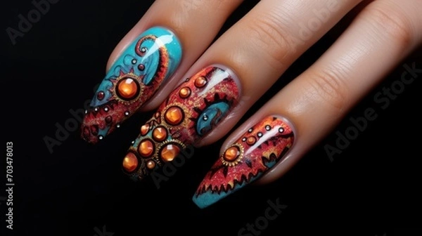 Fototapeta manicure: long nails in the shape of a stiletto in colorful octopus pattern 