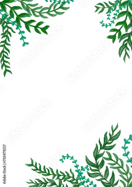 Fototapeta Hand drawn dark green leaves frame with copy space for text or image