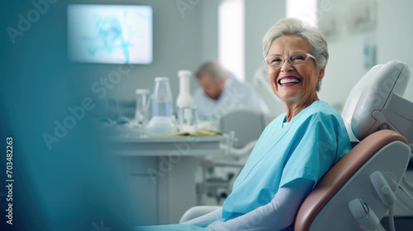 Fototapeta Elderly female patient with white hair, smiles happily while sitting in a dental chair