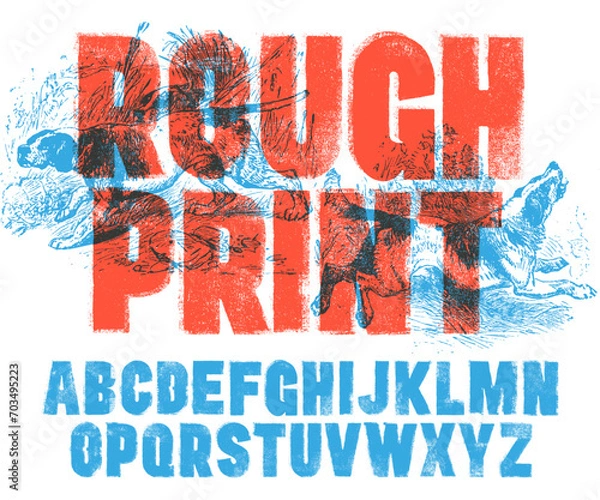 Fototapeta Letterpress Font with a Rough Mis-printed Letterpress and Rolled Ink texture. Bold condensed font. Highly detailed individually textured characters 