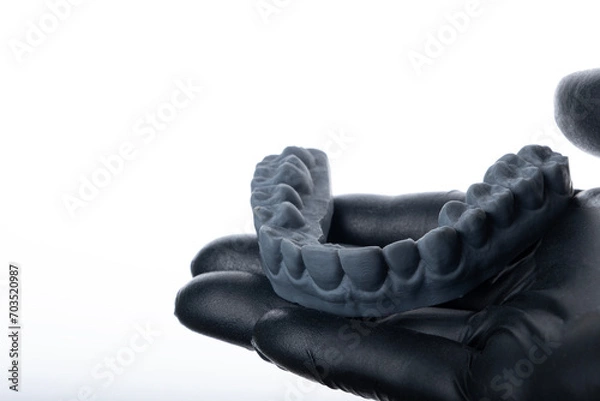Obraz Dentist holding 3D impression mold isolated on white background.