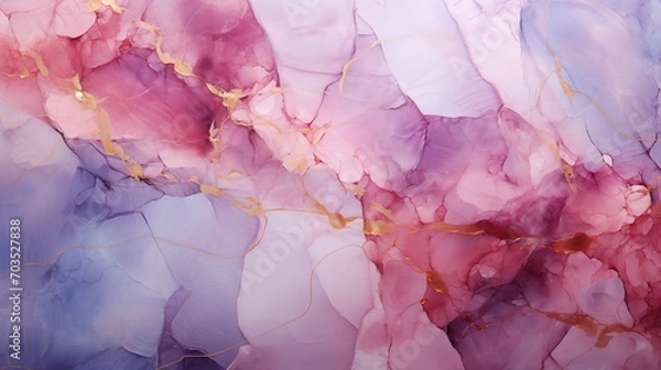 Fototapeta Watercolor abstract background with gold thin lines, and marble texture. Pastel colours, brush stains.