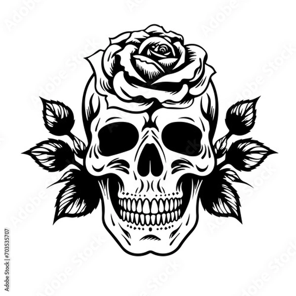 Obraz Gothic Skull with Blooming Rose Vector