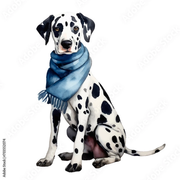 Fototapeta cute dalmatian dog wearing scarf, graphic resources with transparent background, animal watercolor drawing