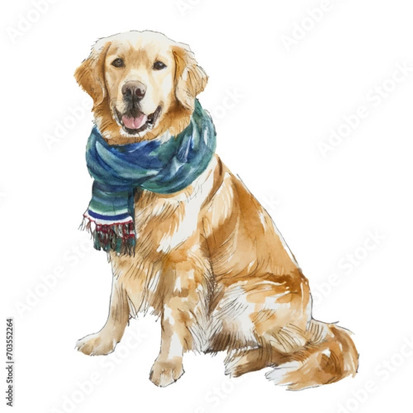 Fototapeta cute golden retriever dog wearing scarf, graphic resources with transparent background, animal watercolor drawing