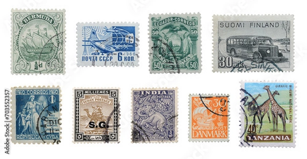 Fototapeta Stamps mail closeup on a white background.