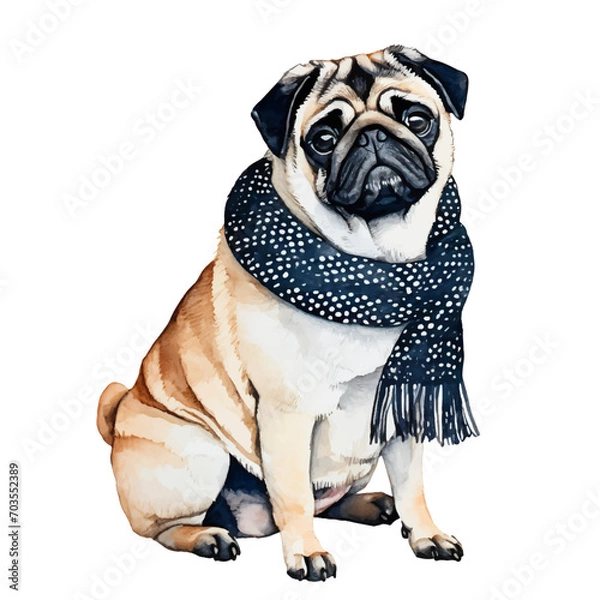 Fototapeta cute pug dog wearing scarf, graphic resources with transparent background, animal watercolor drawing