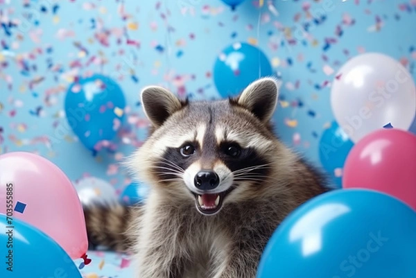 Fototapeta Raccoon on a blue background surrounded by multicolor balloons and confetti. Festive concept