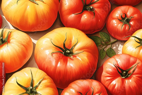 Obraz Seamless pattern with juicy tomato illustration. Vibrant design for ceramic, fabric, textile, home decor, stationery, wrapping paper, scrapbooking. Restaurant concept