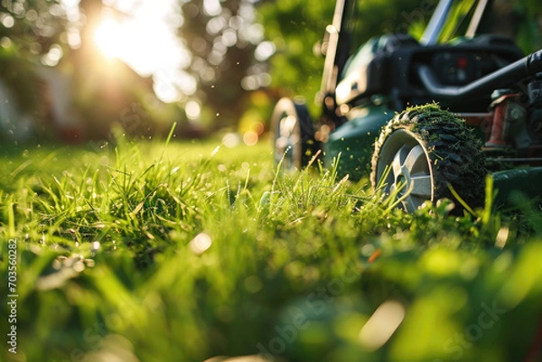 Obraz Lawn mower cutting green grass in backyard