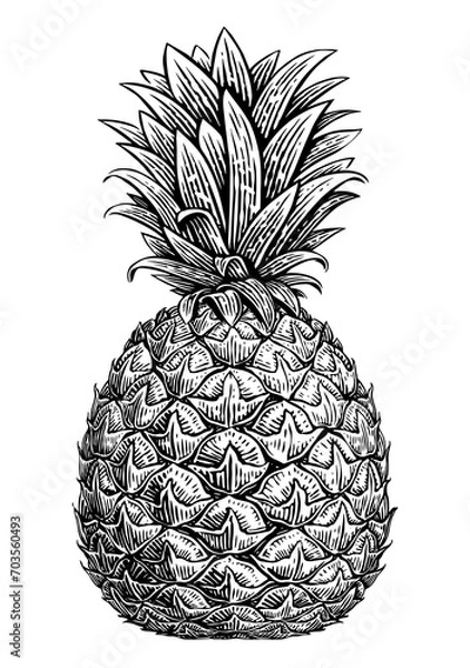 Fototapeta Pineapple sketch. Tropical summer fruit in vintage engraving style, hand drawn illustration