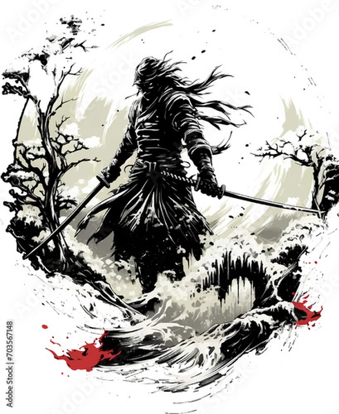 Fototapeta T-shirt design, digital illustration showing a ninja carrying a long sword