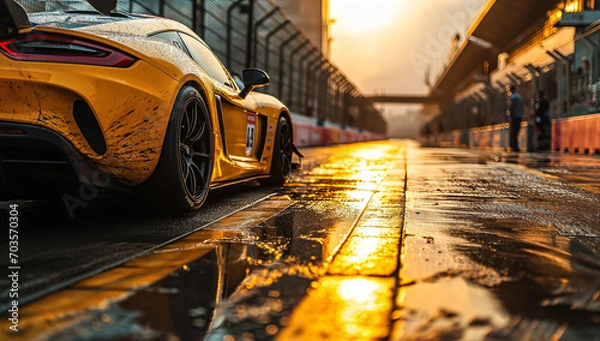 Fototapeta photo taken by a camera on a racing track, in the style of dark black and yellow, poster, batik, sigma 85mm f/1.4 dg hsm art, beautiful, dynamic and action-packed, made of rubber created by ai