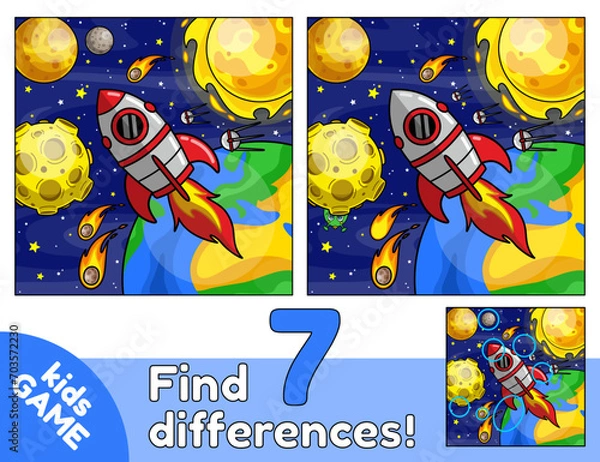 Fototapeta Educational space kids game. Puzzle Find 7 differences for children. Cartoon flying space rocket. Spaceship on the background planet Earth, Sun, Moon and stars. Activity book. Color vector design.